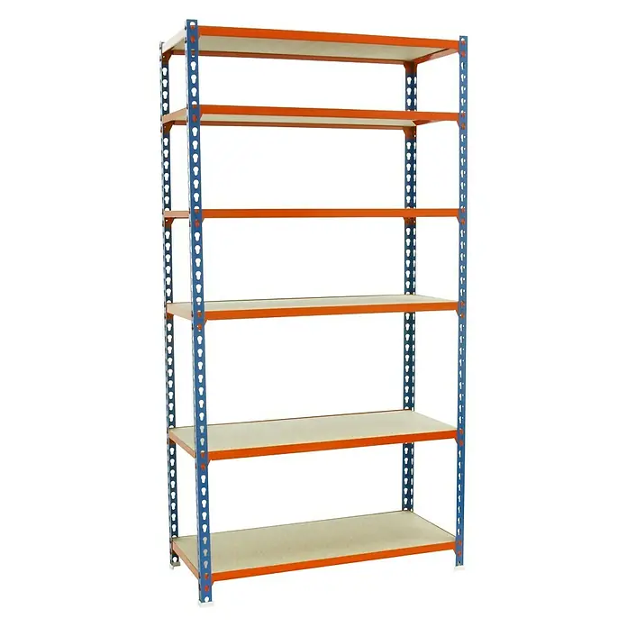 Simonrack Maderclick Metallregal Mega Plus - L x B x H: 40 x 120 x 250 cm, Traglast: 150 kg/Boden, Anzahl Böden: 6 Stk., Stecken, Blau/Orange - Diagonale Ansicht