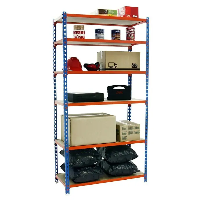 Simonrack Maderclick Metallregal Mega Plus - L x B x H: 40 x 120 x 250 cm, Traglast: 150 kg/Boden, Anzahl Böden: 6 Stk., Stecken, Blau/Orange - Diagonale Ansicht