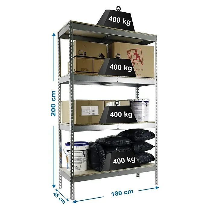 Simonrack Ecoforte Metall-Schwerlastregal - L x B x H: 45 x 180 x 200 cm, Traglast: 400 kg/Boden, Anzahl Böden: 4 Stk., Silber - Skizze