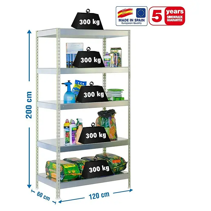 Simonrack Bricoforte Metall-Schwerlastregal - L x B x H: 60 x 120 x 200 cm, Traglast: 300 kg/Boden, Anzahl Böden: 5 Stk., Silber, Material Boden: Metall - Skizze