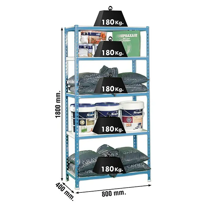 Simonrack Simonclick Metallregal Mini - L x B x H: 40 x 80 x 180 cm, Traglast: 180 kg/Boden, Anzahl Böden: 5 Stk., Stecken, Blau/Weiß - Skizze