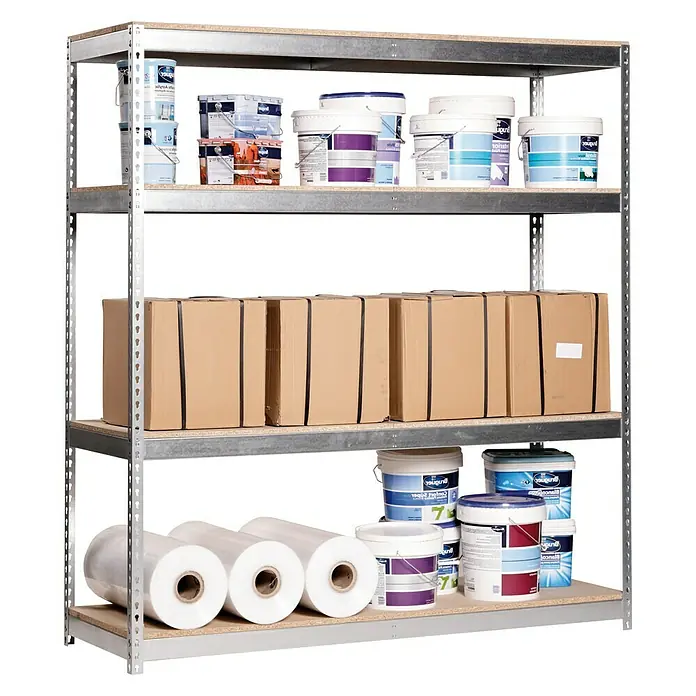 Simonrack Ecoforte Metall-Schwerlastregal - L x B x H: 45 x 180 x 200 cm, Traglast: 400 kg/Boden, Anzahl Böden: 4 Stk., Silber - Diagonale Ansicht