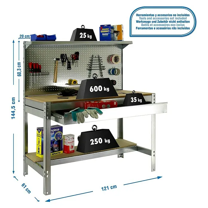 Simonrack Simonwork Banco de trabajo BT3 Box - L x An x Al: 61 x 121 x 144,5 cm, Número de cajones: 1 ud., Galvanizado - Dibujo técnico