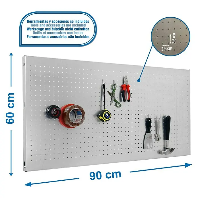 Simonrack Panelclick Panel perforado con 8 ganchos - L x An: 90 x 60 cm, Galvanizado - Dibujo técnico