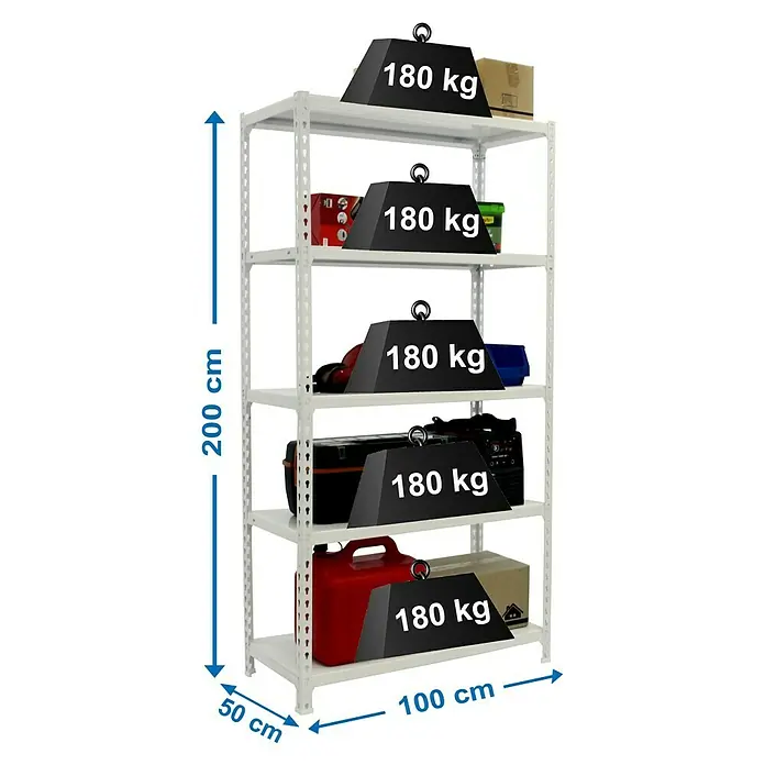 Simonrack Simonclick Metallregal Plus - L x B x H: 50 x 100 x 200 cm, Traglast: 180 kg/Boden, Anzahl Böden: 5 Stk., Stecken, Weiß - Skizze