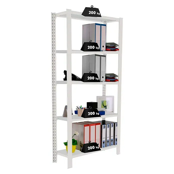 Simonrack Simonoffice Aktenregal Grundelement - L x B x H: 40 x 90 x 210 cm, Traglast: 200 kg/Boden, Anzahl Böden: 5 Stk., Weiß - Diagonale Ansicht