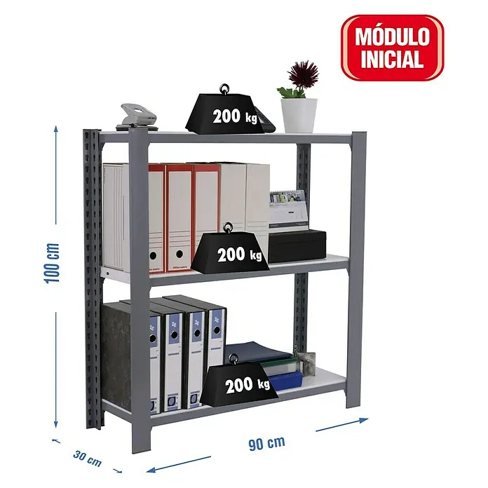Simonrack Simonoffice Aktenregal Grundelement - L x B x H: 30 x 90 x 100 cm, Traglast: 200 kg/Boden, Anzahl Böden: 3 Stk., Grau - Skizze