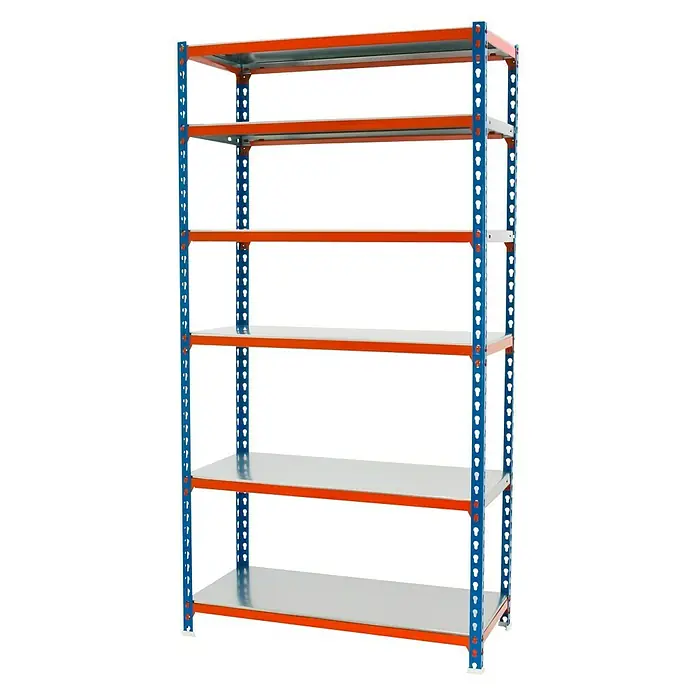 Simonrack Simonclick Metallregal Plus - L x B x H: 50 x 100 x 250 cm, Traglast: 180 kg/Boden, Anzahl Böden: 6 Stk., Stecken, Blau/Orange - Diagonale Ansicht