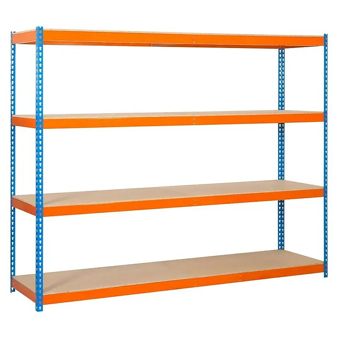 Simonrack Simonforte Metall-Schwerlastregal - L x B x H: 45 x 150 x 200 cm, Traglast: 600 kg/Boden, Anzahl Böden: 4 Stk., Blau/Orange - Diagonale Ansicht