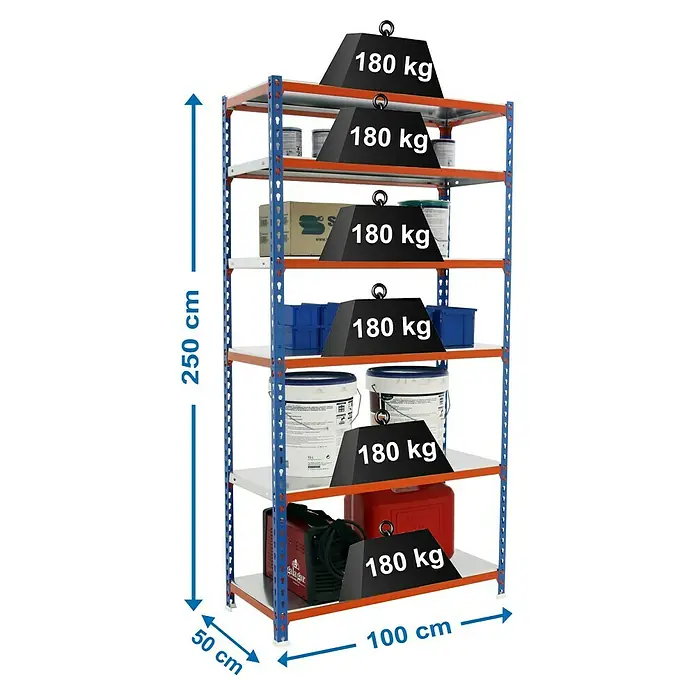 Simonrack Simonclick Metallregal Plus - L x B x H: 50 x 100 x 250 cm, Traglast: 180 kg/Boden, Anzahl Böden: 6 Stk., Stecken, Blau/Orange - Skizze