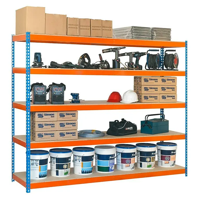 Simonrack Ecoforte Metall-Schwerlastregal - L x B x H: 45 x 180 x 200 cm, Traglast: 400 kg/Boden, Anzahl Böden: 5 Stk., Blau/Orange - Anwendungsbeispiel