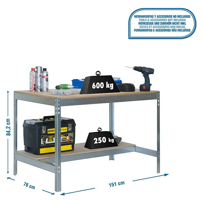 Simonrack Simonwork Banco de trabajo BT0 - L x An x Al: 76 x 151 x 84,2 cm, Capacidad de carga: 850 kg, Galvanizado - Dibujo técnico