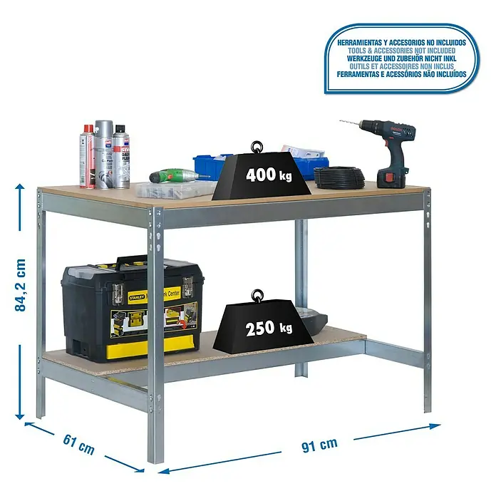 Simonrack Simonwork Banco de trabajo BT0 - L x An x Al: 61 x 91 x 84,2 cm, Capacidad de carga: 650 kg, Galvanizado - Dibujo técnico