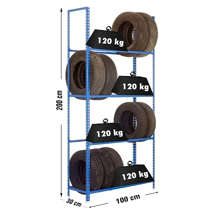 Simonrack Simonauto Metall-Reifenregal Autoclick - L x B x H: 30 x 100 x 200 cm, Traglast: 90 kg/Boden, Anzahl Böden: 4 Stk., Blau - Skizze