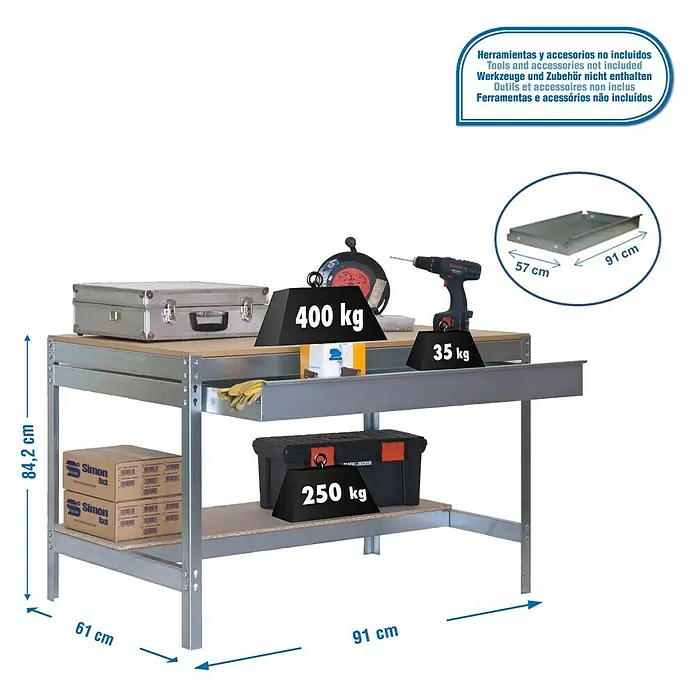Simonrack Simonwork Banco de trabajo BT0 Box - L x An x Al: 61 x 91 x 84,2 cm, Capacidad de carga: 685 kg, Galvanizado - Dibujo técnico