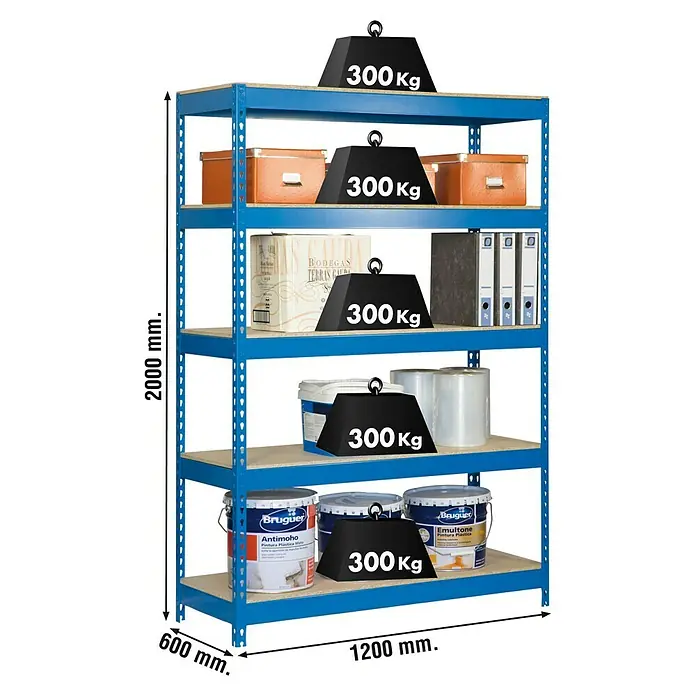 Simonrack Bricoforte Metall-Schwerlastregal - L x B x H: 60 x 120 x 200 cm, Traglast: 300 kg/Boden, Anzahl Böden: 5 Stk., Blau, Material Boden: Holz - Skizze