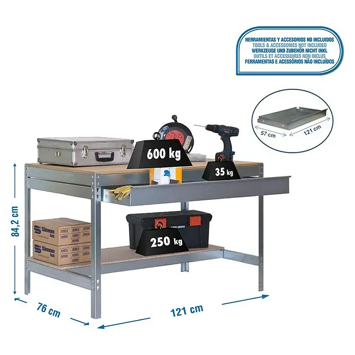Simonrack Simonwork Banco de trabajo BT0 Box - L x An x Al: 76 x 121 x 84,2 cm, Capacidad de carga: 885 kg, Galvanizado - Dibujo técnico