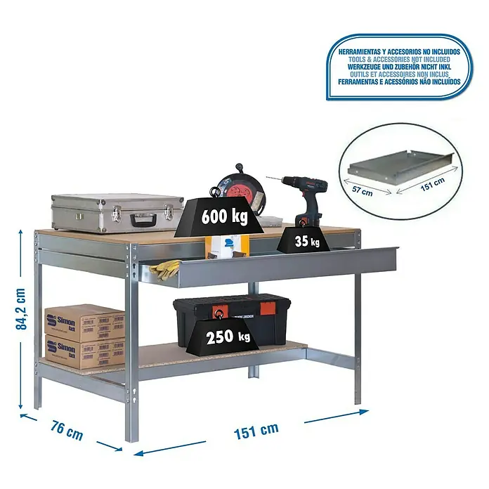 Simonrack Simonwork Banco de trabajo BT0 Box - L x An x Al: 76 x 151 x 84,2 cm, Capacidad de carga: 885 kg, Galvanizado - Dibujo técnico