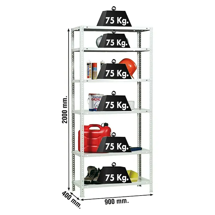 Simonrack Simonclassic Metallregal Advantage - L x B x H: 40 x 90 x 200 cm, Traglast: 75 kg/Boden, Anzahl Böden: 6 Stk., Schrauben, Weiß - Skizze
