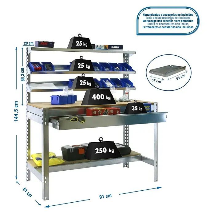 Simonrack Simonwork Banco de trabajo BT1 Box - L x An x Al: 61 x 91 x 144,5 cm, Número de cajones: 1 ud., Galvanizado - Dibujo técnico