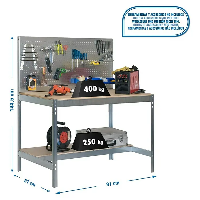 Simonrack Simonwork Banco de trabajo BT2 - L x An x Al: 61 x 91 x 144,5 cm, Número de cajones: 0 ud., Galvanizado - Dibujo técnico