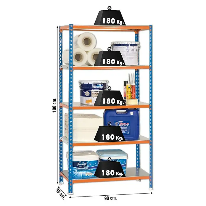 Simonrack Simonclick Metallregal Mini - L x B x H: 40 x 80 x 180 cm, Traglast: 180 kg/Boden, Anzahl Böden: 5 Stk., Stecken, Blau/Orange - Skizze