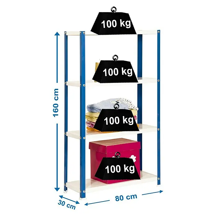 Simonrack Homeclassic Metallregal - L x B x H: 30 x 80 x 160 cm, Traglast: 100 kg/Boden, Anzahl Böden: 4 Stk., Schrauben, Blau - Skizze