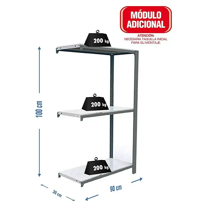 Simonrack Simonoffice Aktenregal Anbauelement - L x B x H: 30 x 90 x 100 cm, Traglast: 200 kg/Boden, Anzahl Böden: 3 Stk., Grau - Skizze