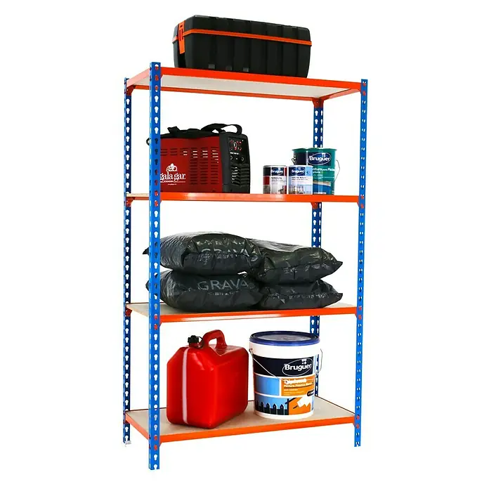 Simonrack Maderclick Metallregal Super Plus - L x B x H: 50 x 110 x 150 cm, Traglast: 150 kg/Boden, Anzahl Böden: 4 Stk., Stecken, Blau/Orange - Anwendungsbeispiel