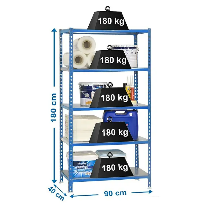 Simonrack Simonclick Metallregal - L x B x H: 40 x 90 x 180 cm, Traglast: 180 kg/Boden, Anzahl Böden: 5 Stk., Stecken, Blau - Skizze