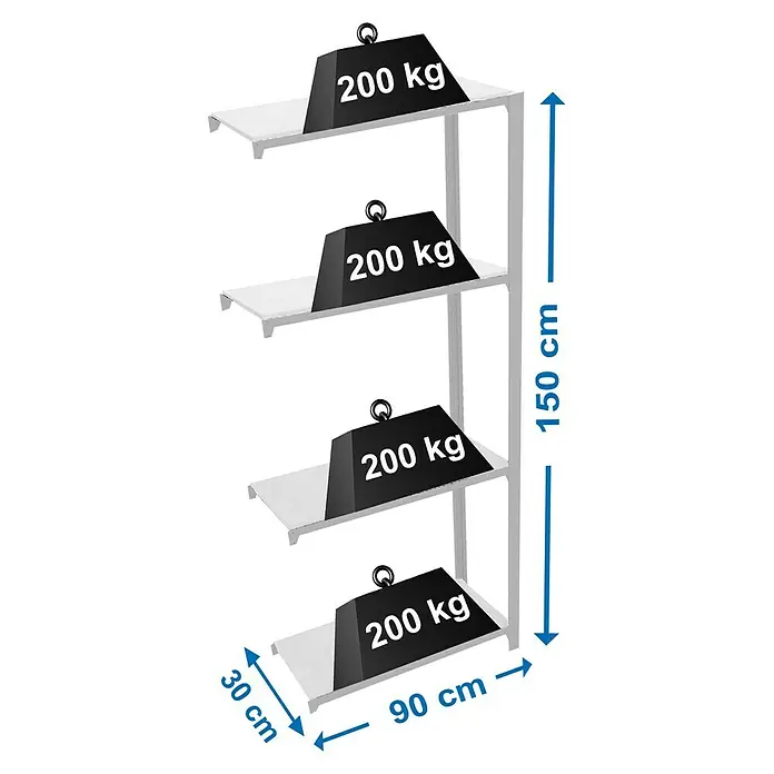 Simonrack Simonoffice Aktenregal Anbauelement - L x B x H: 30 x 90 x 150 cm, Traglast: 200 kg/Boden, Anzahl Böden: 4 Stk., Grau - Skizze