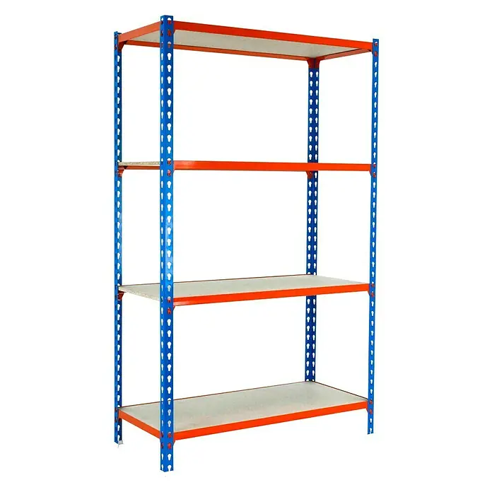Simonrack Maderclick Metallregal Super Plus - L x B x H: 50 x 110 x 150 cm, Traglast: 150 kg/Boden, Anzahl Böden: 4 Stk., Stecken, Blau/Orange - Diagonale Ansicht
