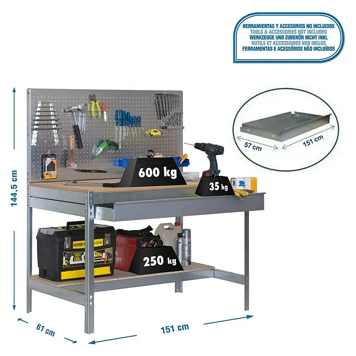 Simonrack Simonwork Banco de trabajo BT2 Box - L x An x Al: 61 x 151 x 144,5 cm, Número de cajones: 1 ud., Galvanizado - Dibujo técnico