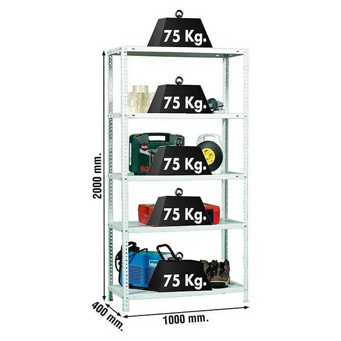 Simonrack Simonclassic Metallregal Advantage Plus - L x B x H: 40 x 100 x 200 cm, Traglast: 75 kg/Boden, Anzahl Böden: 5 Stk., Schrauben, Weiß - Skizze