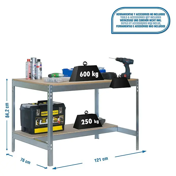 Simonrack Simonwork Banco de trabajo BT0 - L x An x Al: 76 x 121 x 84,2 cm, Capacidad de carga: 850 kg, Galvanizado - Dibujo técnico