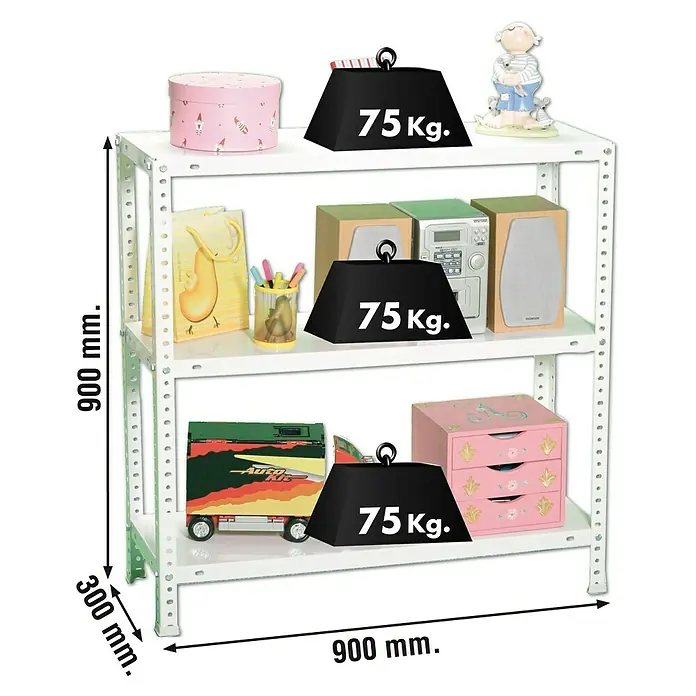Simonrack Simonclassic Metallregal Advantage - L x B x H: 30 x 90 x 90 cm, Traglast: 75 kg/Boden, Anzahl Böden: 3 Stk., Schrauben, Weiß - Skizze