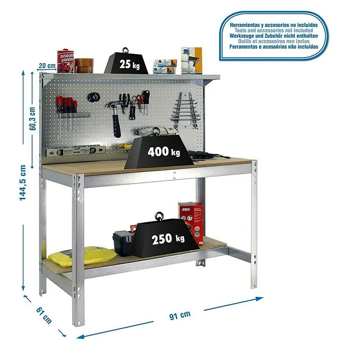 Simonrack Simonwork Banco de trabajo BT3 - L x An x Al: 61 x 91 x 144,5 cm, Número de cajones: 0 ud., Galvanizado - Dibujo técnico