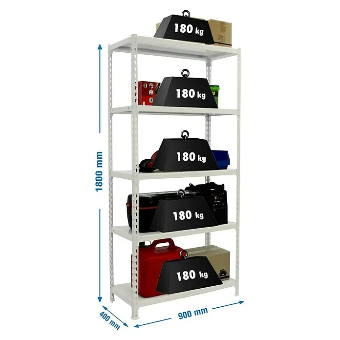 Simonrack Simonclick Metallregal - L x B x H: 40 x 90 x 180 cm, Traglast: 180 kg/Boden, Anzahl Böden: 5 Stk., Stecken, Weiß - Skizze