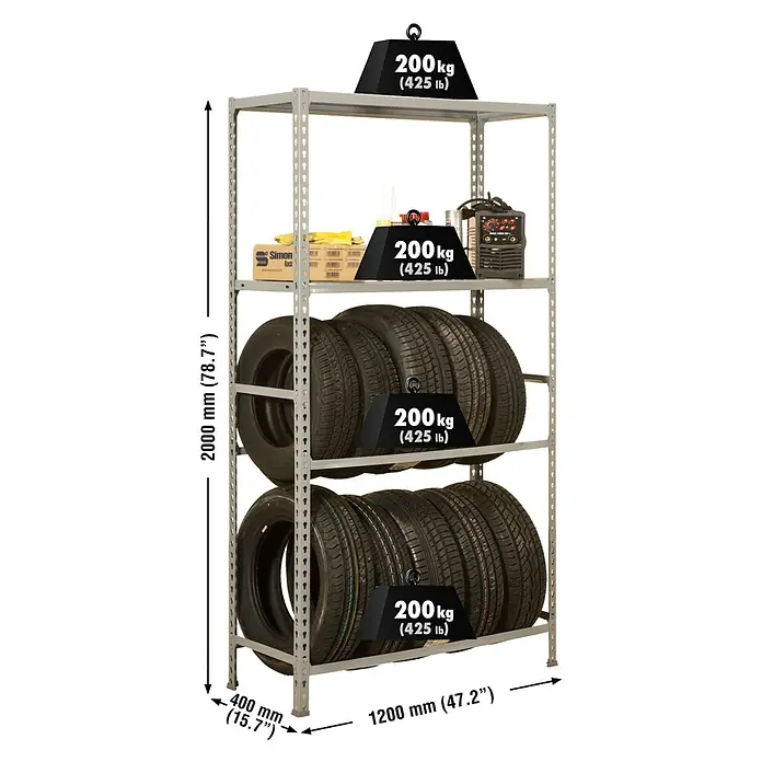 Simonrack Simongarage Metall-Reifenregal Mega Plus - L x B x H: 40 x 120 x 200 cm, Traglast: 200 kg/Boden, Anzahl Böden: 4 Stk., Stecken, Grau - Skizze