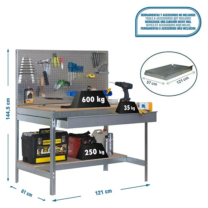 Simonrack Simonwork Banco de trabajo BT2 Box - L x An x Al: 61 x 121 x 144,5 cm, Número de cajones: 1 ud., Galvanizado - Dibujo técnico