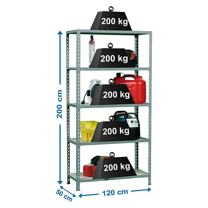 Simonrack Maderclick Metallregal Mega Plus - L x B x H: 50 x 120 x 200 cm, Traglast: 150 kg/Boden, Anzahl Böden: 5 Stk., Stecken, Anthrazitgrau - Skizze