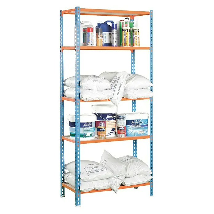 Simonrack Maderclick Metallregal Mega Plus - L x B x H: 50 x 120 x 200 cm, Traglast: 200 kg/Boden, Anzahl Böden: 5 Stk., Stecken, Blau/Orange - Diagonale Ansicht