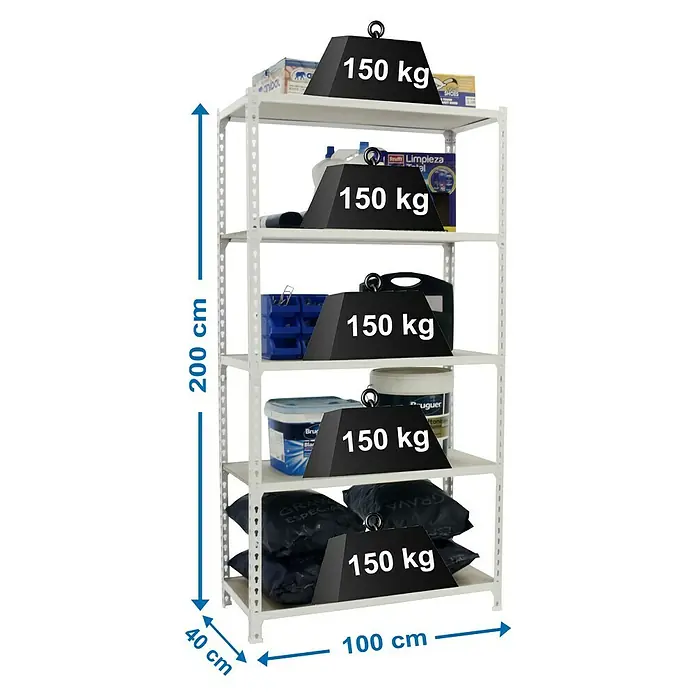 Simonrack Maderclick Estantería metálica Plus - L x An x Al: 40 x 100 x 200 cm, Capacidad de carga: 150 kg/balda, Número de baldas: 5 ud., Inserción, Blanco - Dibujo técnico