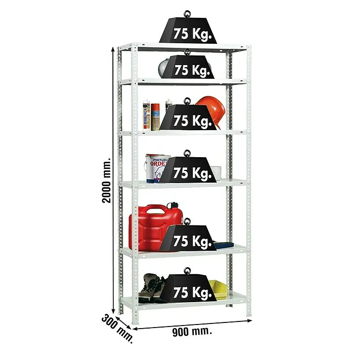 Simonrack Simonclassic Metallregal Advantage - L x B x H: 30 x 90 x 200 cm, Traglast: 75 kg/Boden, Anzahl Böden: 6 Stk., Schrauben, Weiß - Skizze