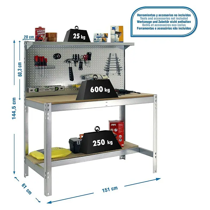 Simonrack Simonwork Banco de trabajo BT3 - L x An x Al: 61 x 151 x 144,5 cm, Número de cajones: 0 ud., Galvanizado - Dibujo técnico