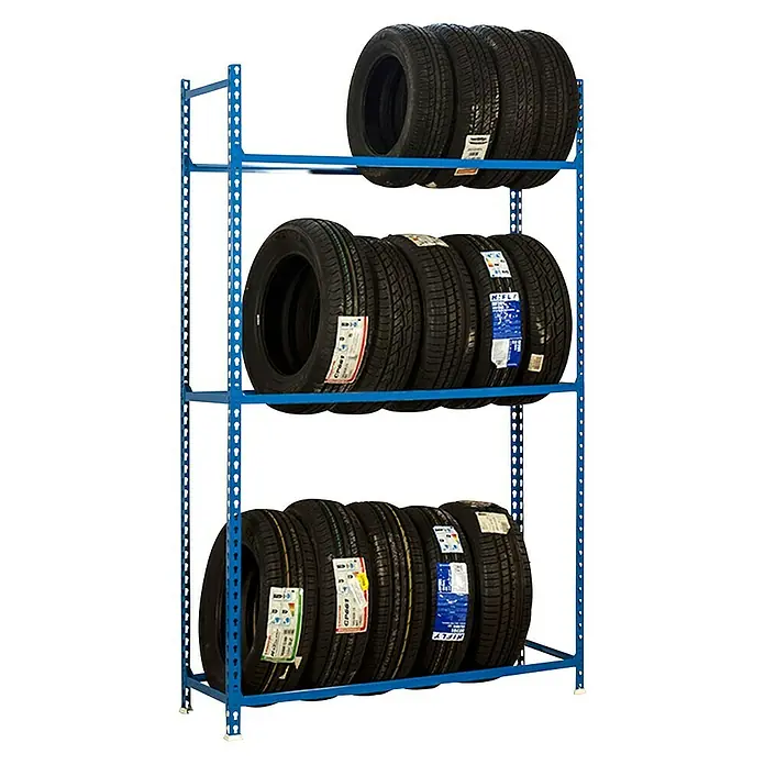 Simonrack Simonauto Estantería para neumáticos Autoclick - L x An x Al: 40 x 90 x 200 cm, Capacidad de carga: 90 kg/balda, Número de baldas: 3 ud., Azul - Producto en uso