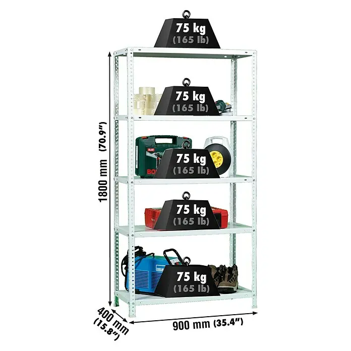 Simonrack Simonclassic Metallregal Advantage - L x B x H: 40 x 90 x 180 cm, Traglast: 75 kg/Boden, Anzahl Böden: 5 Stk., Schrauben, Weiß - Skizze