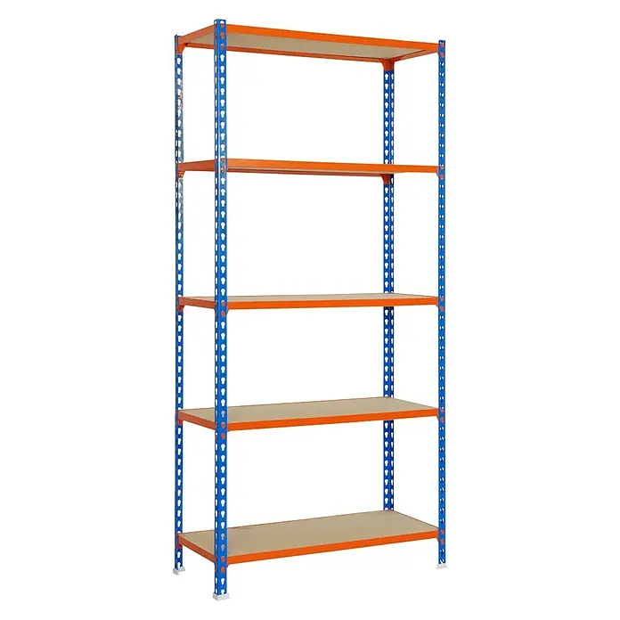 Simonrack Maderclick Metallregal Mega Plus - L x B x H: 50 x 120 x 200 cm, Traglast: 200 kg/Boden, Anzahl Böden: 5 Stk., Stecken, Blau/Orange - Diagonale Ansicht