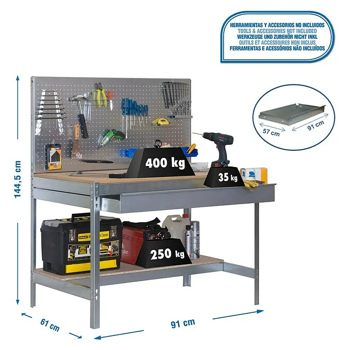 Simonrack Simonwork Banco de trabajo BT2 Box - L x An x Al: 61 x 91 x 144,5 cm, Número de cajones: 1 ud., Galvanizado - Dibujo técnico