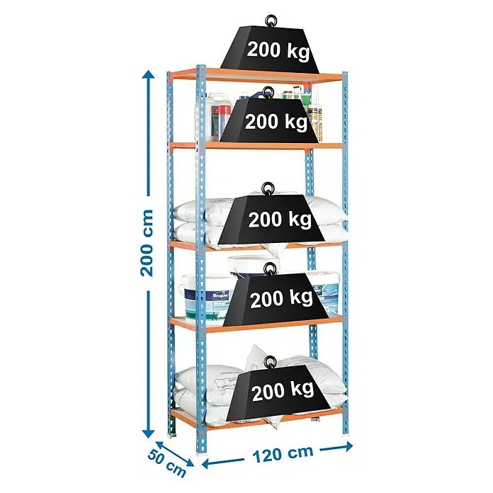 Simonrack Maderclick Metallregal Mega Plus - L x B x H: 50 x 120 x 200 cm, Traglast: 200 kg/Boden, Anzahl Böden: 5 Stk., Stecken, Blau/Orange - Skizze